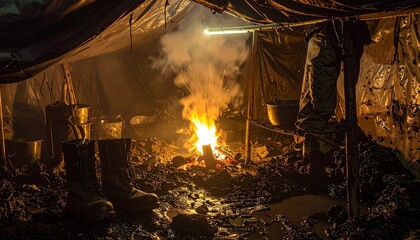 Campfire inside a tent with muddy ground during wartime