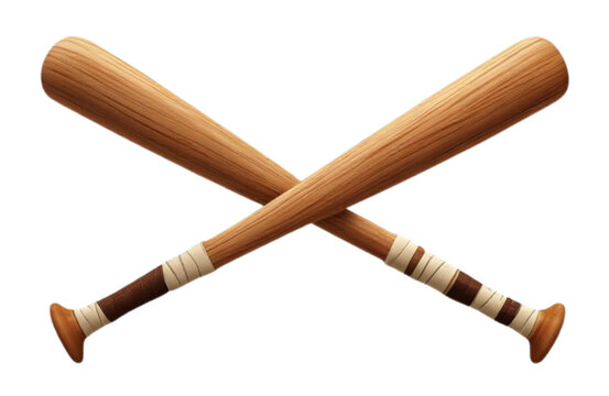 Two wooden baseball bats crossed over each other on a white background
