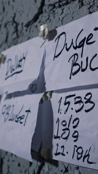 Handwritten notes and clues pinned to a textured concrete wall, creating an atmosphere of a detective's investigation filled with unsolved mysteries and hidden secrets
