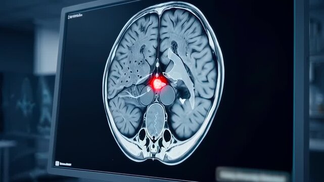 mri brain scan on monitor with red highlight marking suspect region, radiologist reviewing axial slice in diagnostic suite for detection, measurement and treatment planning