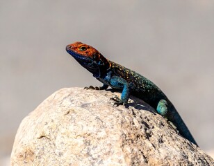 A vibrantly colored reptile, perched atop a textured rock, displays a striking orange head and blue body, blending into the natural habitat