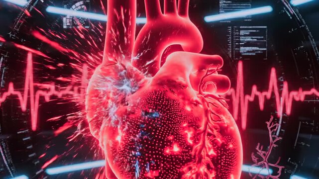 Laboratory shows dynamic holographic heart under stress, Specialized laboratory technology demonstrates realtime holographic heart behavior under stress and rupture conditions