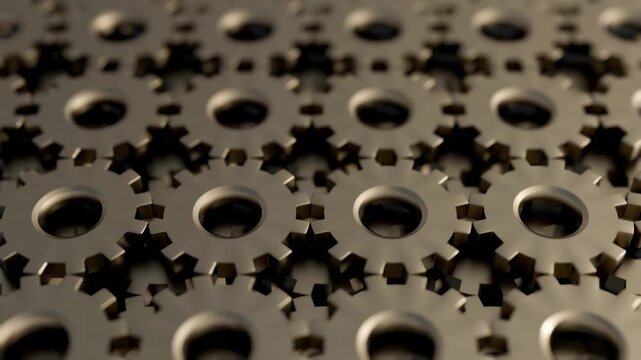 The camera performs a smooth, aggressive dolly-in, plunging through a seemingly endless tunnel of stacked, interlocking steel cogs. 3D animation.