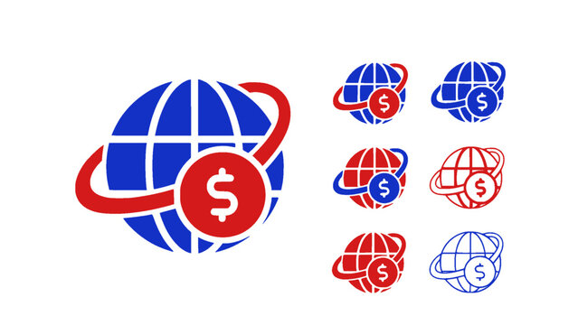 Global finance icon set featuring globe and currency symbols representing international trade, forex exchange, global banking, and cross-border transactions.