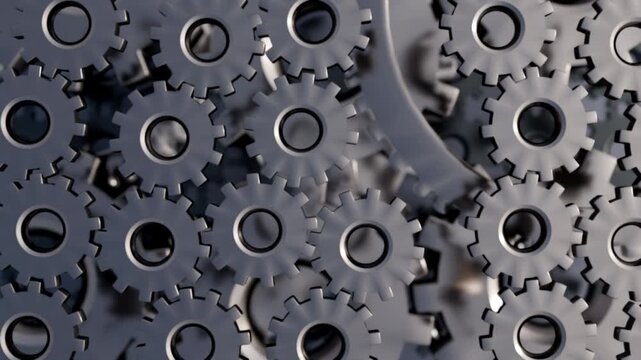 3D animation, metallic cogs interlock with depth-mapped precision. Polished steel edges glint under dynamic lighting as they spin in a heavy, synchronized, 3D mechanical dance.