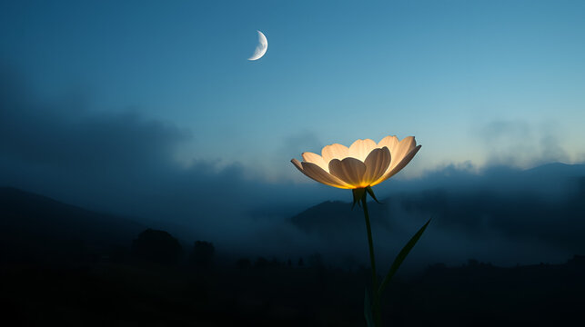 A giant glowing moonflower blooming in a misty valley under a crescent moon.