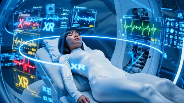 Patient reclined inside XR diagnostic pod surrounded by floating medical interfaces, vitals overlays, realtime telemetry and immersive diagnostic tools in futuristic clinic.