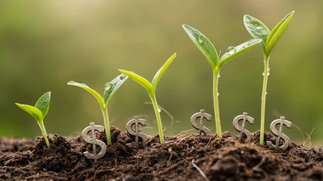 An image depicting financial growth, with dollar signs rising with growing sprouts