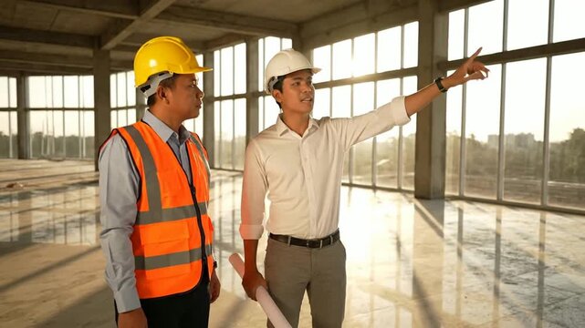 Two skilled professionals, an architect and a foreman, reviewing design plans and overseeing development within a spacious modern building under construction