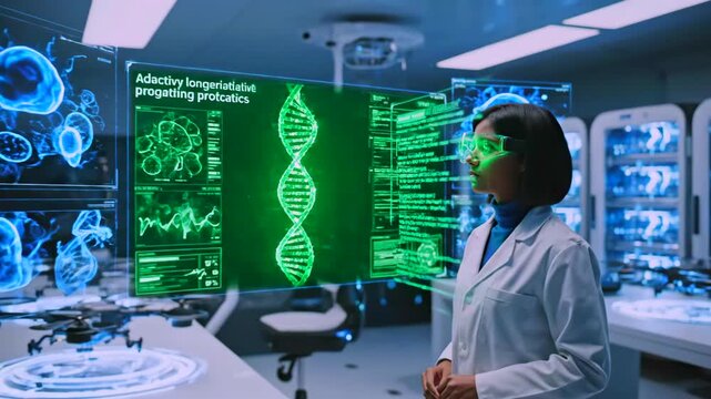 scientist in futuristic lab interacting with holographic DNA displays and diagnostic monitors, precise gesture control over sequencing readouts, clinical workstation, glowing helix graphics,