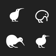 Fototapeta premium Kiwi Bird Icons Set. Four White Stylized Kiwi Bird Logo Designs for Nature and Wildlife Graphics