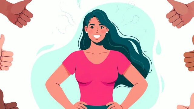 Confident young woman surrounded by positive feedback and approval, symbolizing self-esteem and social acceptance in a supportive environment, promoting a sense of well-being and achievement