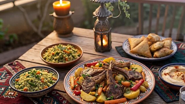 lamb chops feast on rustic outdoor table with vegetables and hummus