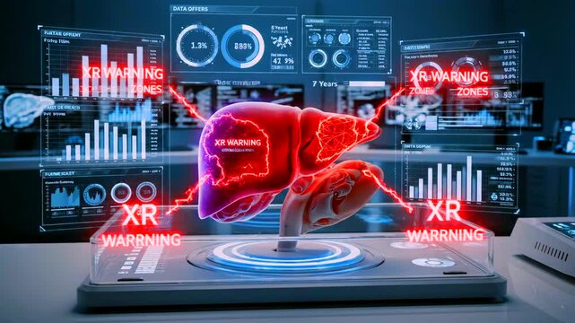 Floating liver alert, Holographic liver hovers above diagnostics with urgent signals, Threedimensional liver model floats over diagnostic equipment displaying urgent alerts
