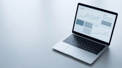 Fototapeta premium Minimal studio laptop on clean desk with blank analytics dashboard chart and wide copy space for business report presentation background