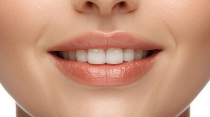 Naklejka premium Close-up of a smiling woman's lips and teeth showing smooth, moisturized skin and natural makeup.