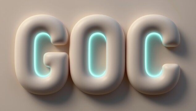 Three dimensional letters G O C illuminated with neon turquoise light GOC