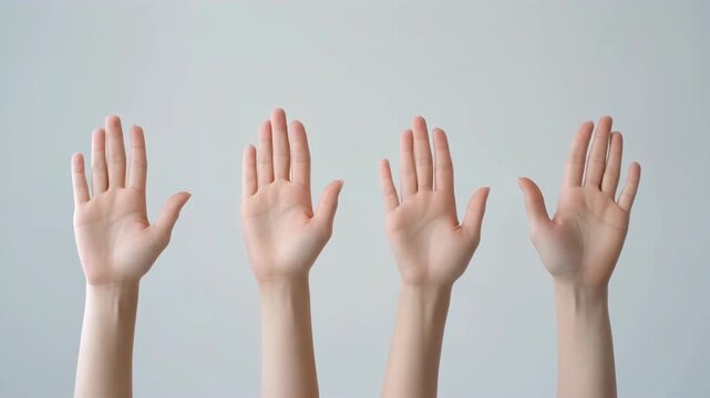 Four raised hands on a light background symbolizing participation and voting. 4k Footage Video