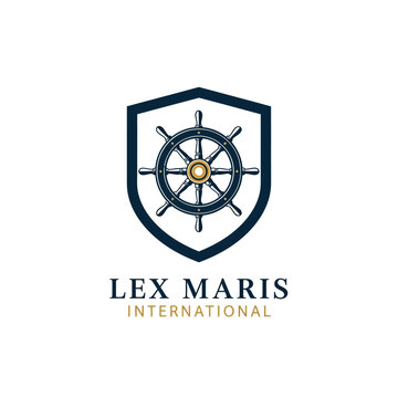 Lex Maris International Logo with Ship's Helm in Shield, isolated white background.