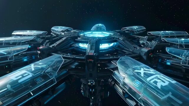 Futuristic orbital docking hub glowing blue, central core and rotating cargo modules under starfield, autonomous pods align with illuminated bays, energy beams pulse across metallic ring