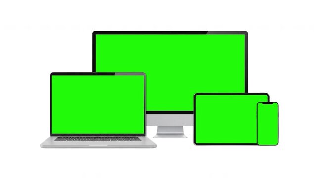 responsive multi device mockup featuring desktop monitor laptop tablet and smartphone with green screen chroma key. Alpha channel