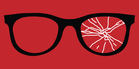 Minimalist Black Eyeglasses with Shattered White Lens on Red Background
