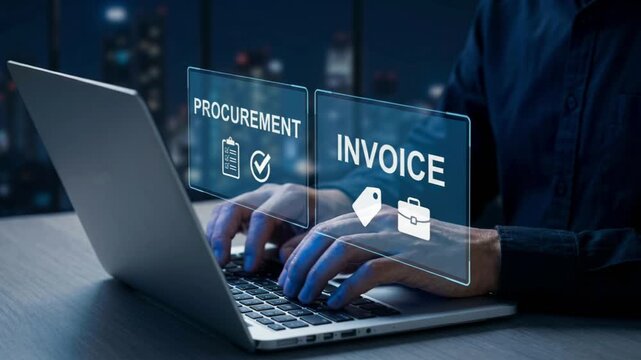 Businessman using laptop with procurement and invoice management interface