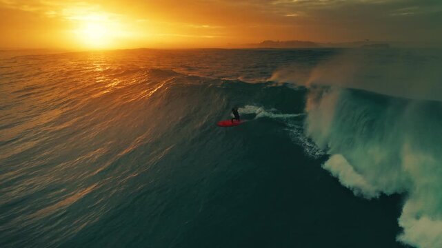 Aerial View Of Surfers And Birds At Golden Hour Over The Ocean with shifting tidal patterns above coastal rock formations