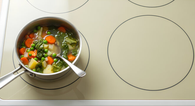 Small pan with a modest portion of leftover vegetable soup resting on the left third of a pale cream stove surface, large empty right area as negative space for zero‑waste or economy cooking copy.