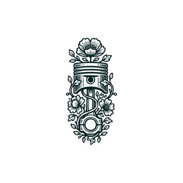 Mechanical engine piston combined with blooming flowers in a vintage engraving style, automotive art illustration isolated on white.