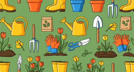 Gardening Tools and Flowers Seamless Pattern Vector Illustration with Watering Can Gloves Shovel and Tulips Spring Garden Background Design
