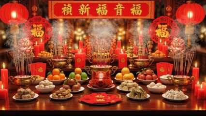 Fototapeta premium Chinese New Year Altar Offering Table with Incense, Lanterns, and Fruits