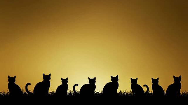 Silhouette of multiple cats sitting in grass against a golden sunset sky. 4k Footage Video
