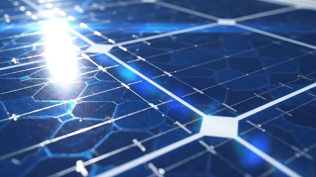 Dynamic extreme macro close-up video of solar panel texture, showcasing intricate blue silicon crystalline patterns reflecting light. A modern renewable energy technology concept