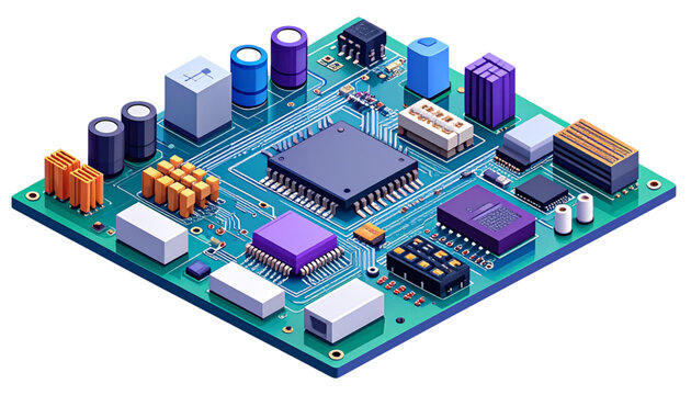 A detailed view of an electronic circuit board with various components soldered onto it isolated on transparent background