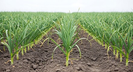 Fototapeta premium Rows of young garlic plants growing in fertile soil on a large agricultural field