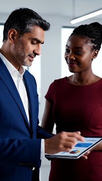 Diverse Business Colleagues Reviewing Financial Data on Tablet in Modern Office Environment