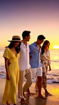 Diverse Friends Enjoying A Sunset Beach Walk In Warm Golden Light With Gentle Waves And Soft Clouds Above