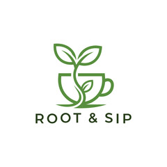 Fototapeta premium Green sprout in a tea cup icon for herbal cafe and organic beverage logo Root & Sip