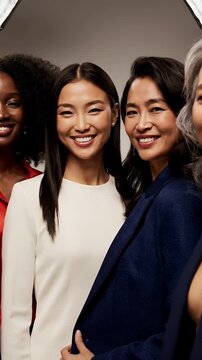 Diverse Group of Professional Women Smiling Together in Studio Lighting with Subtle Sparkle on Blazer