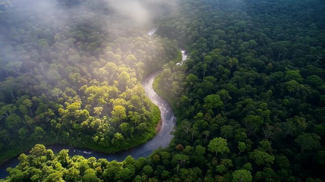 Aerial shot of river winding through dense, green rainforest, shrouded in misty fog