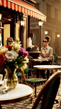 Elegant Couple Enjoying Coffee and Croissants at Parisian Cafe Outdoor Seating with Warm Sunlight
