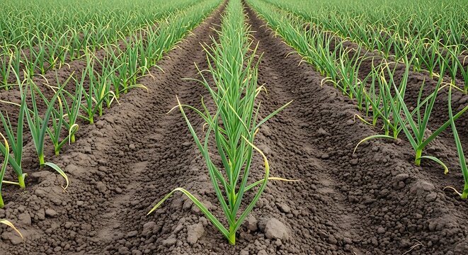 Vibrant young garlic plants grow in meticulously tilled rows, showcasing sustainable agriculture and the promising beginnings of a fresh, natural crop
