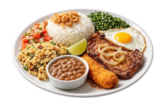 Traditional Brazilian prato feito with rice beans steak egg and farofa isolated