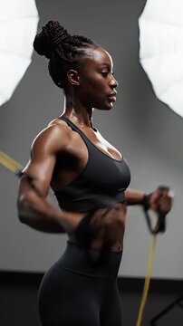Fit Black Woman In Black Sports Bra And Leggings Exercising With Resistance Bands In Studio