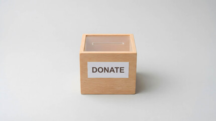 Fototapeta premium Wooden donation box placed on a plain surface to collect funds for a cause or charity during a fundraising event