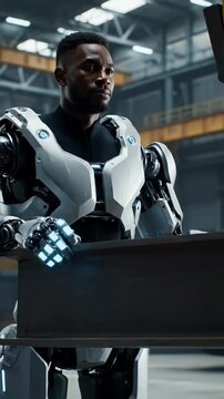 Futuristic Bionic Humanoid Robot Working on Industrial Metal Beam in Factory Interior with Blue LED Lights