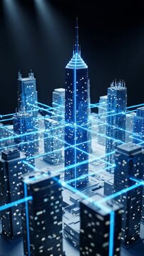 Futuristic Cityscape With Glowing Blue Network Connections Illuminating Skyscrapers At Night With Dramatic Spotlight