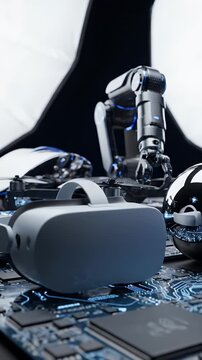 Futuristic Technology Advanced Circuit Board With VR Headset Robot Arm and Drone Components