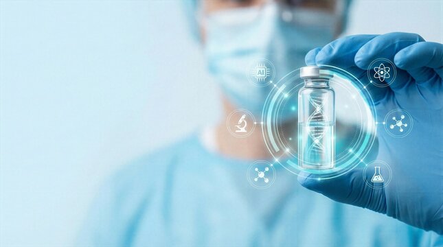 Scientist holding vaccine vial with glowing DNA double helix and medical digital icons, biotechnology research in laboratory, gene therapy and pharmaceutical science concept, healthcare innovation and